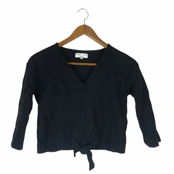 Madewell Texture & Thread Long Sleeve Tie-front Black Top - Picture 3 of 6